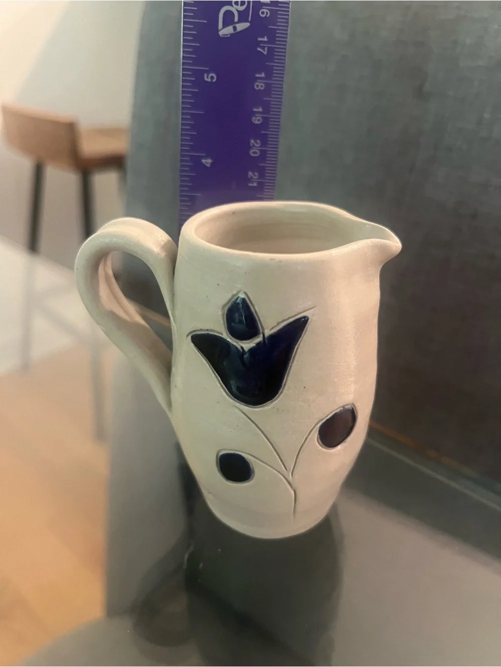 Williamsburg VA Cobalt Blue Salt Glazed Flower Leaf Pottery Pitcher